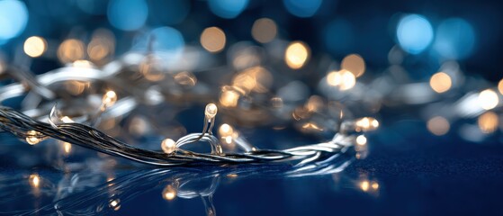 Festive warm fairy lights glowing on a dark blue reflective surface creating a magical Christmas atmosphere and holiday spirit
