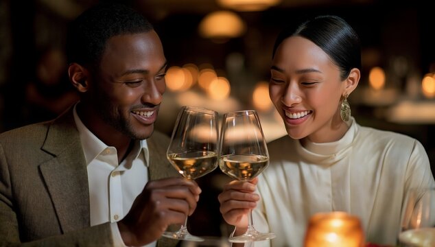 Couple's Journey smiling couple toasting wine in candlelit restaurant; warm romantic evening, cinematic lifestyle composition for premium stock about love, celebration, date, relationship - Powered by Adobe