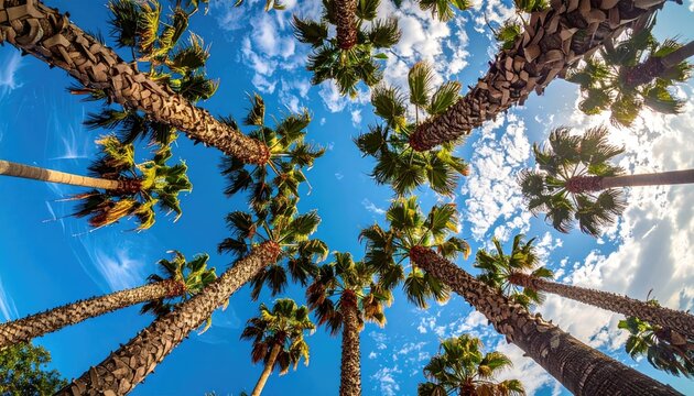 Looking Up Through Palm Trees Towards a Bright Blue Sky with Fluffy White Clouds on a Sunny Day - Powered by Adobe