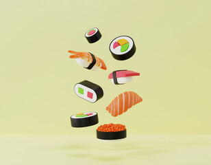 Floating Colorful 3D Sushi Rolls and Nigiri on Pastel Yellow Background