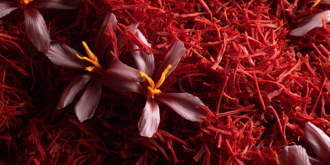 A close-up captures the beauty of saffron threads and delicate crocus flowers, presenting a visually appealing and sensory rich image