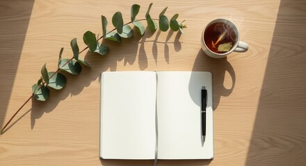 Minimalistic workspace with an open notebook, pen, and cup of tea beside eucalyptus on a wooden table
