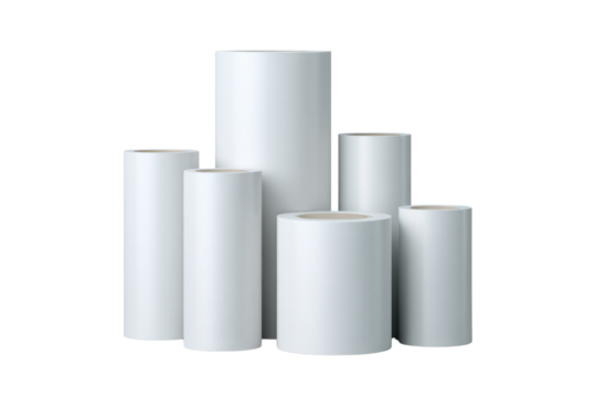 Six white rolls of paper or film on black background material, Png, Isolated on Transparent Background, Cut Out