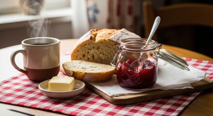 Cozy breakfast scene with steaming coffee, bread, jam, and butter on a checkered tablecloth
