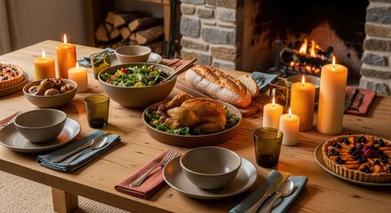 Festive dinner table setting with candles, delicious food, and warm ambiance
