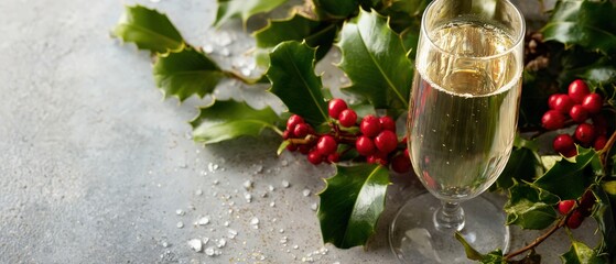 Festive Christmas champagne glass with holly and berries on a gray background Holiday celebration with sparkling wine and traditional decorations for a joyful mood