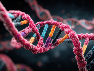 Close-up detailed view of double helix structure of DNA molecule showing twisted strands with colorful nucleotide base pairs under scientific microscopic perspective