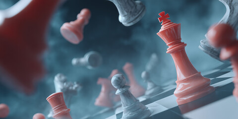 A chaotic chess game with pieces in mid-air and a dramatic lighting set-up