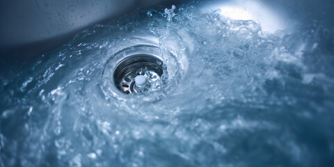 Whirlpool of clear water flowing down a drain