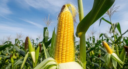 Ripe yellow ear of corn on the stalk ready for harvest in a large agricultural farm field.