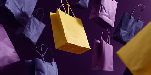 Floating shopping bags against a rich and elegant background with a yellow shopping bag as the main focus