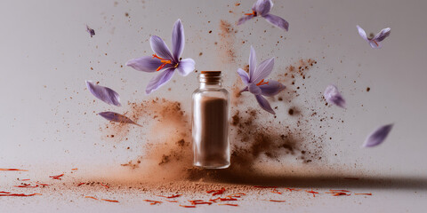 A captivating composition showcasing saffron, with a bottle of saffron powder, complemented by delicate purple flowers and petals