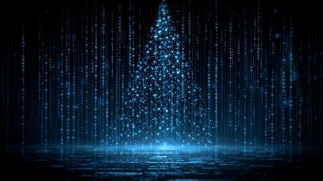 Blue light digital tree. A glowing blue Christmas tree is illuminated against a dark background.