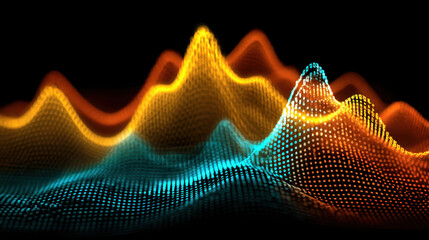 Digital abstract waveforms with glowing orange and blue 3d particles forming smooth mountain-like peaks on black background futuristic data visualization concept