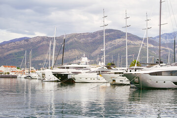 Scenic marina with luxury yachts and hills