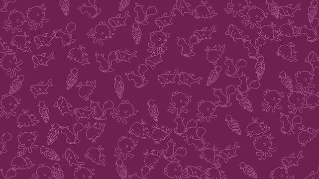 And whimsical pattern featuring outlines of octopi, whales, parrots, and squirrels. Perfect for fabric, wrapping paper, or stationery designs