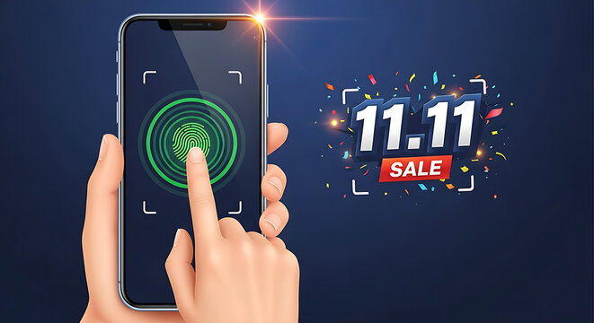 A hand touching a smartphone with a fingerprint scanner and an eleven eleven sale advertisement near by