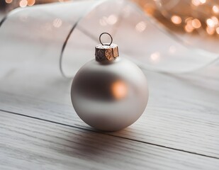 Silver christmas ornament rests on a white wooden surface with a soft white ribbon and twinkling lights creating a festive and elegant holiday scene.
