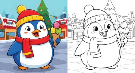 Cute cartoon penguin holding ice cream cone with coloring page line art for winter activity books