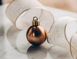 Golden christmas ornament sits beside a curled ribbon on a reflective surface, creating a festive and elegant holiday scene.