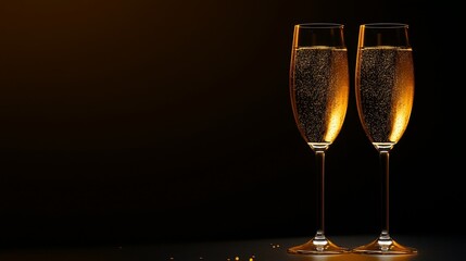 Chic New Year’s Eve Party Scene With Seven Champagne Glasses Lined Up Against a Warm Red Background