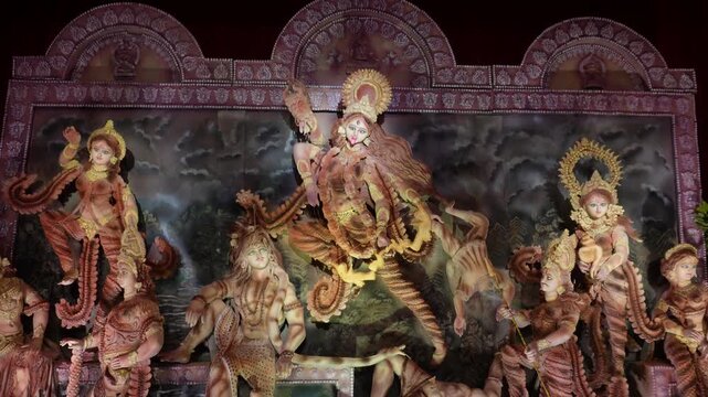 Mahakali Puja idol of goddess Mahakali with ornate pandal background