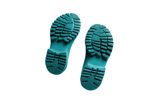 Two teal boot soles with deep treads against a black background shoe footwear, Png, Isolated on Transparent Background, Cut Out