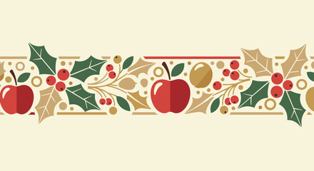 Charming Christmas border with apples, holly, and berries for festive designs and holiday cheer, perfect for seasonal projects and invitations