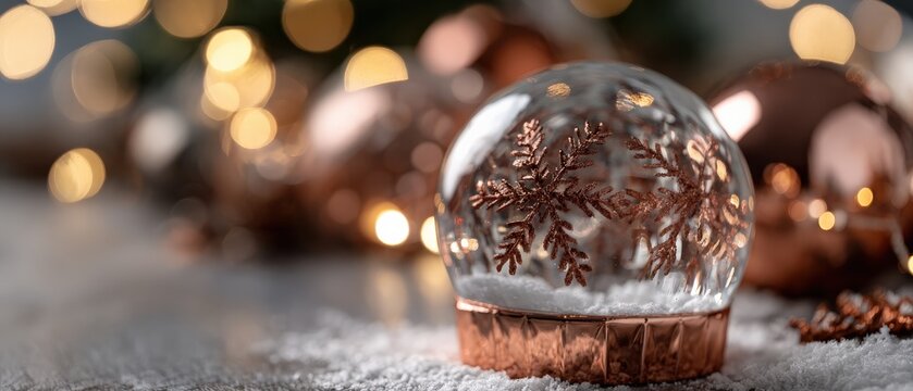 Festive Christmas snow globe with copper snowflake design and bokeh lights, creating a warm and magical holiday atmosphere for seasonal celebrations