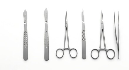 Medical instruments surgical tools arrayed on white background