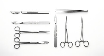 Medical instruments surgical tools arrayed on white