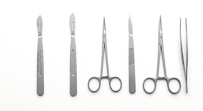 Medical instruments surgical tools arrayed on white background