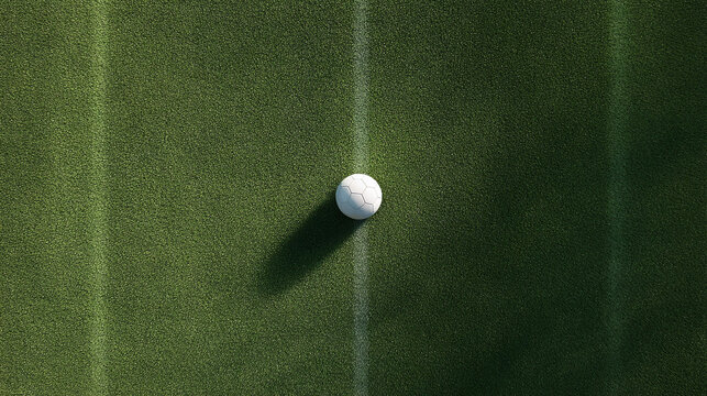 Minimalist overhead shot of a soccer ball on a vibrant green field with painted white lines. Symbolizes sports, competition, goals, and teamwork. Ideal for use in athletic or motivational campaigns.
