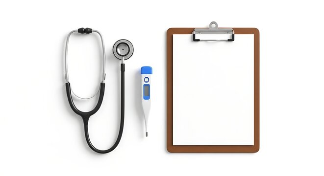 Medical tools stethoscope thermometer clipboard on white