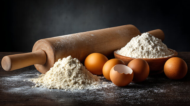 Baking ingredients flour eggs rolling pin on dark background for cake recipe homemade baking tips