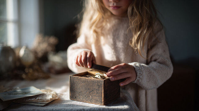 Nostalgic image of a child opening a vintage wooden keepsake box filled with treasures. Captures wonder, curiosity, heritage, and simple joys. Use for family, memory, or childhood themes.