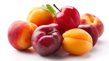 Assorted fresh stone fruits including peaches, plums, apricots and cherry on white background, colorful summer harvest arrangement for healthy eating