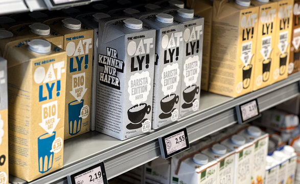 10.28.2025 - Flensburg, Germany. Oatly barista plant-based milk on a shelf of a supermarket