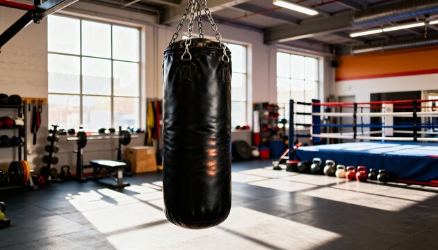 Black punching bag in boxing gym with training ambiance.
 - Powered by Adobe