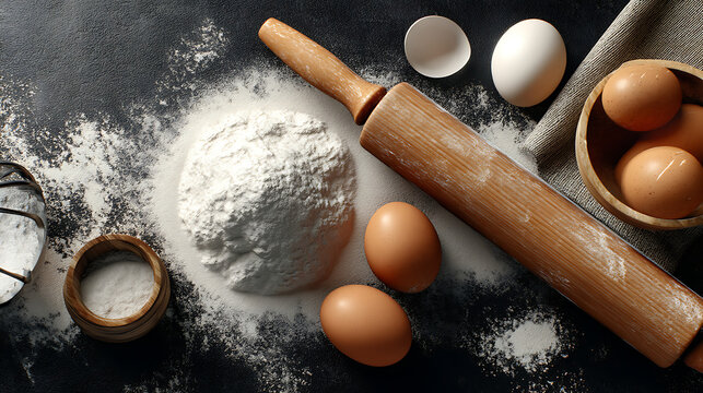 Baking ingredients flour eggs rolling pin on dark surface for homemade bread and pastry recipes