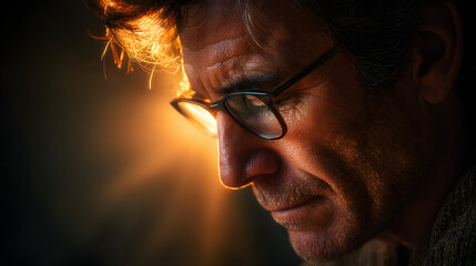 Man looking down with warm backlight creating halo of thoughtfulness 
