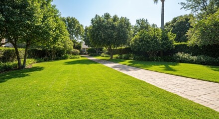 Fototapeta premium A sunny lawn with a stone pathway leading to distant foliage
