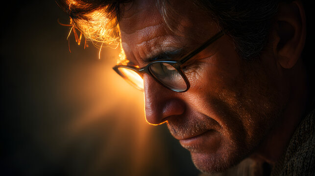 Man looking down with warm backlight creating halo of thoughtfulness 