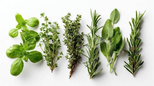 Assorted fresh culinary herbs including basil, thyme, rosemary, and sage arranged on white background for cooking, seasoning, and natural ingredient concepts