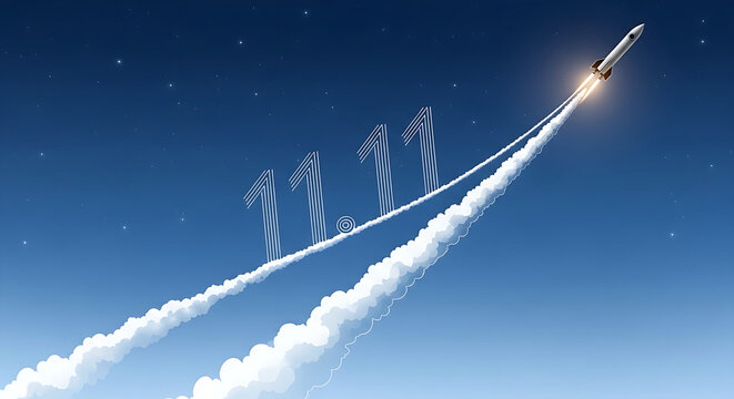 A rocket launching into a blue sky with vapor trails and the number eleven eleven drawn in the sky above