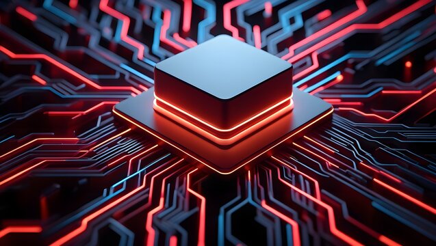 Futuristic glowing circuit board with central processor unit