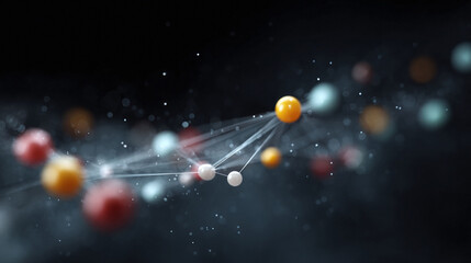 Abstract network of interconnected spheres against a dark background. Represents connection, data, science, technology, and complex systems. Great for presentations and web design.