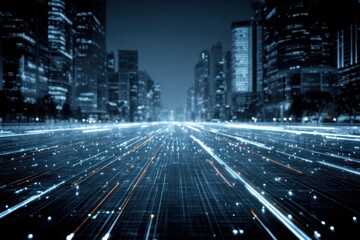 Abstract High-Speed Data Network in Modern Cyber City. AI-Powered Smart City With Virtual Data Roads. Selective focus, motion blur.