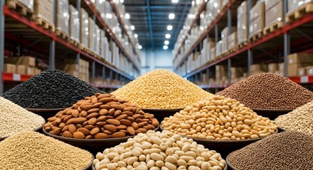 Bulk supply of various grains, seeds, and nuts in warehouse storage for food industry