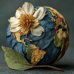Dried Botanical Globe of Earth. Dying Nature. A miniature Earth assembled from dried botanical textures. Perfect for climate change awareness, sustainability campaigns, Earth Day materials.